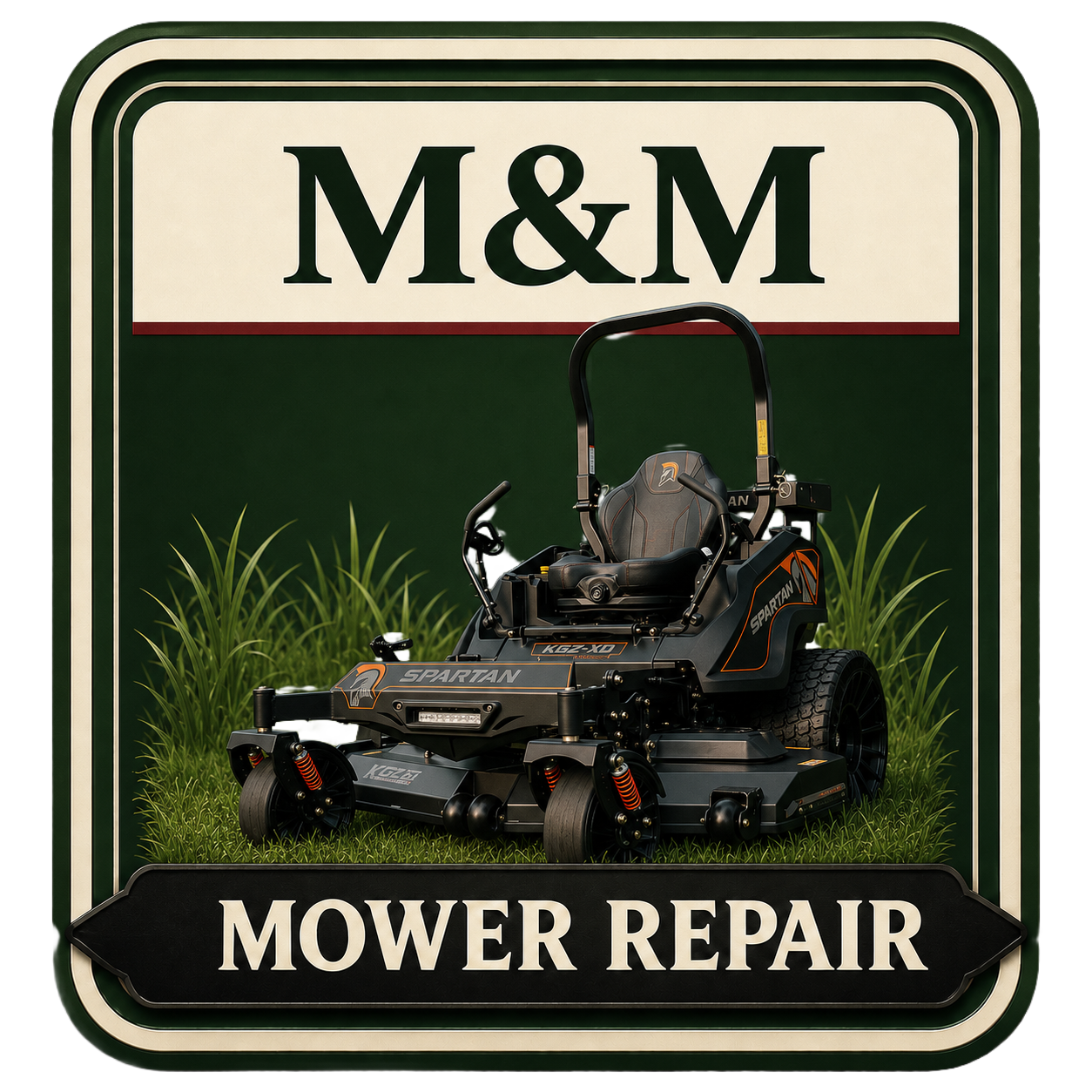 M&M Mower Repair badge logo featuring a Spartan zero-turn mower on grass