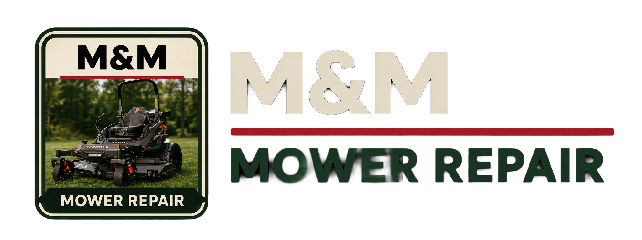 M&M Mower Repair badge and wordmark logo with a Spartan zero-turn mower, Sales, Parts, Service tagline