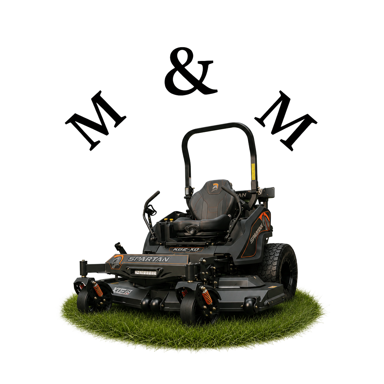 M&M brand graphic of a Spartan zero-turn mower with the M and M ampersand mark